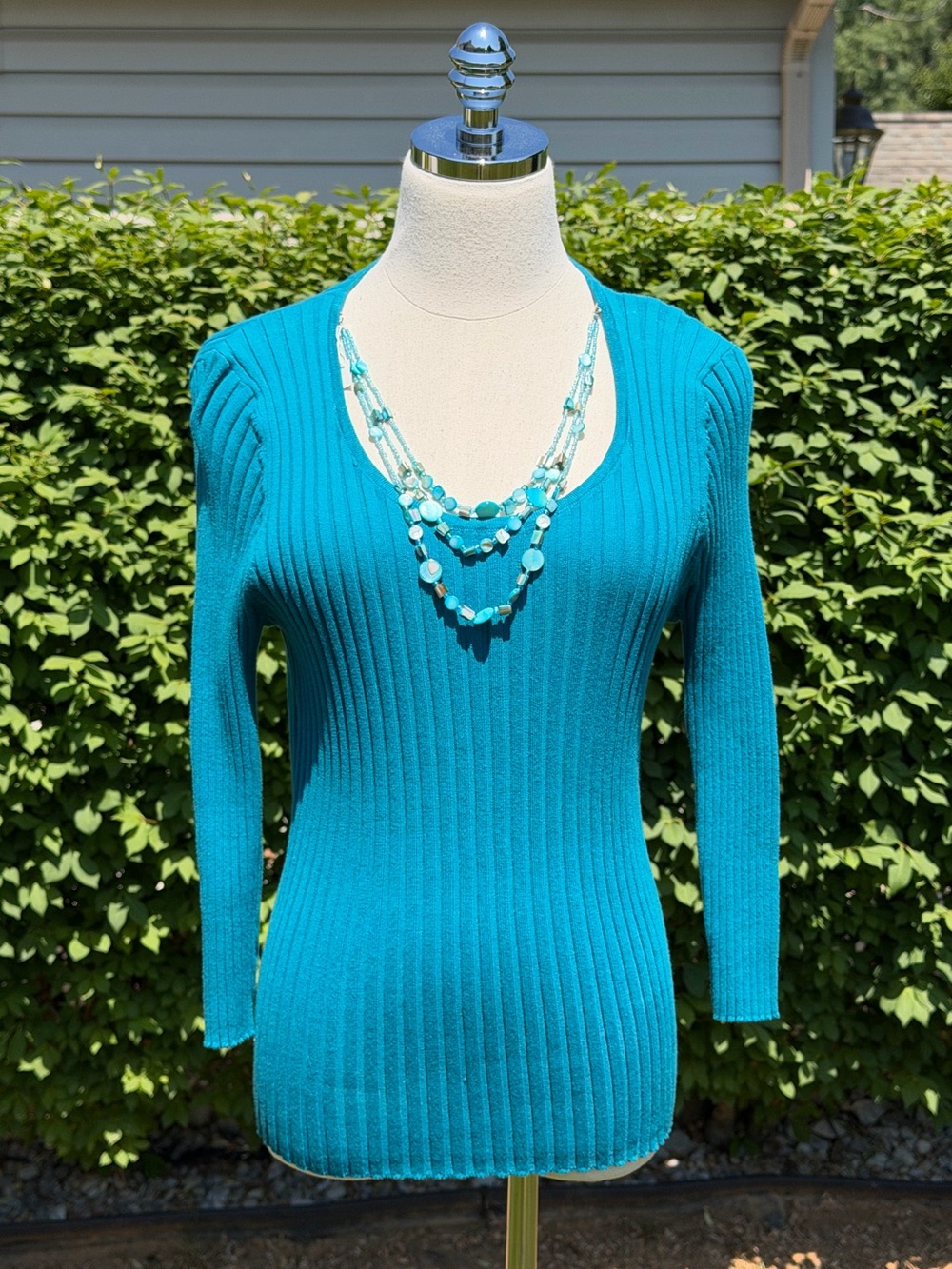 NEW Y2K R.Q.T Petite Teal McBling Ribbed Sweater Top‎ Built In Necklace Office
